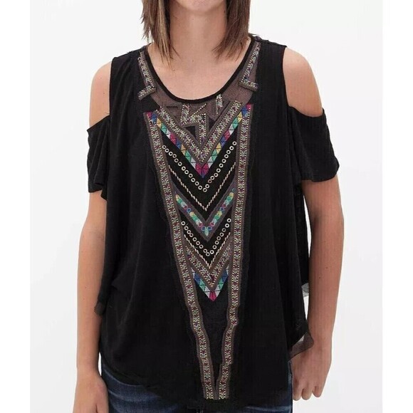 Free People Gypsy Spell Womens Size XS Black Embroidered Cold Shoulder Top N4 - Picture 1 of 12